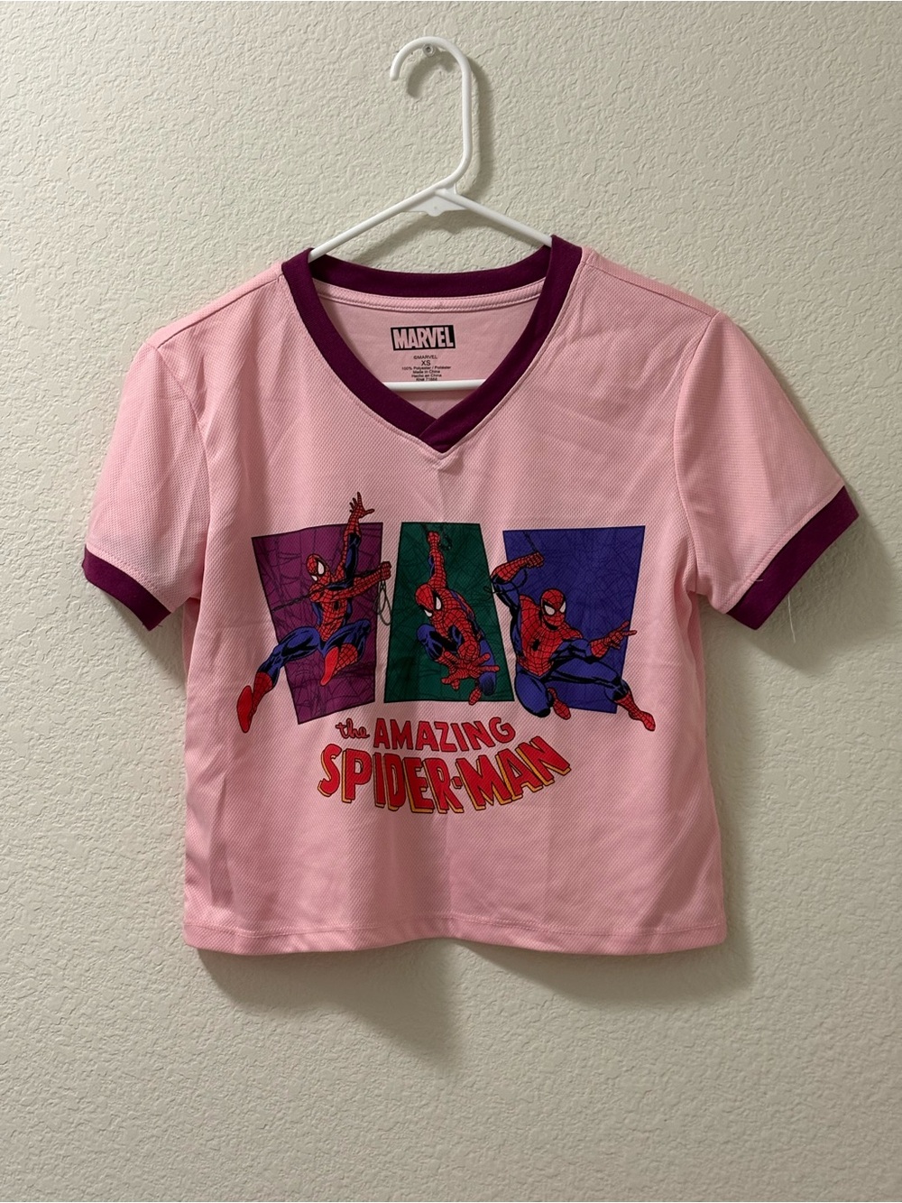 Marvel The Amazing Spider-Man Pink and purple B neck Graphic Tee. XS Crop top.